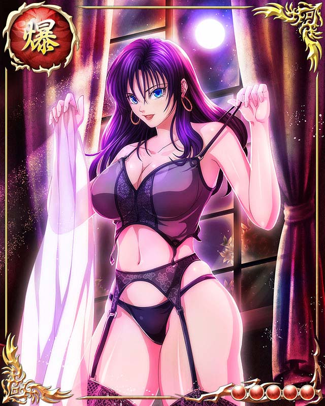 1girl, bare_arms, bare_shoulders, bastard!!, black_panties, blue_eyes, breasts, card_(medium)