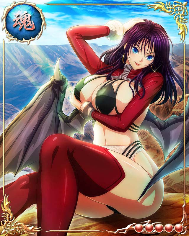 1girl, ass, bastard!!, blue_eyes, breast_hold, breasts, card_(medium), demon_wings