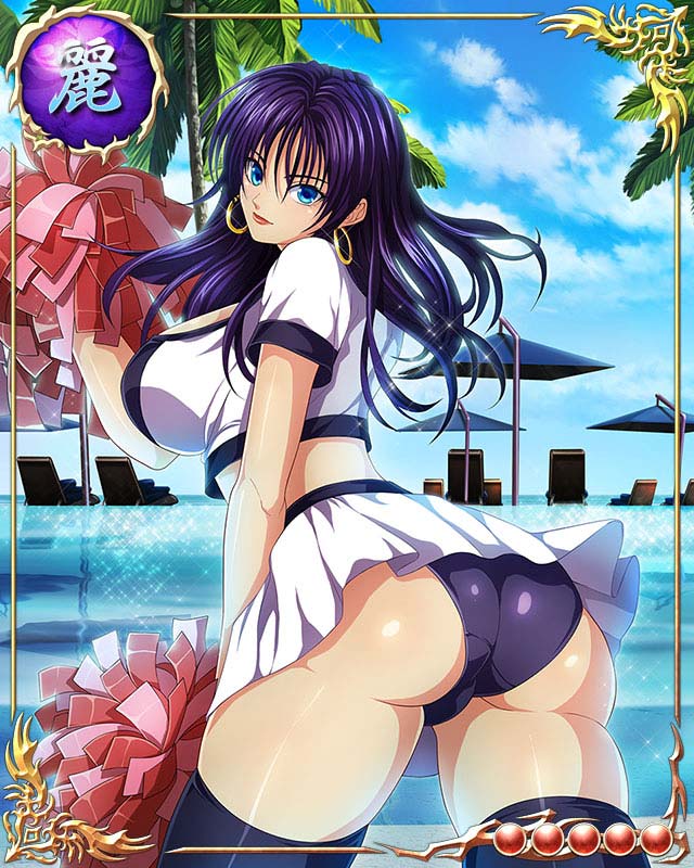 1girl, ass, bastard!!, blue_eyes, breasts, card_(medium), cheerleader, earrings