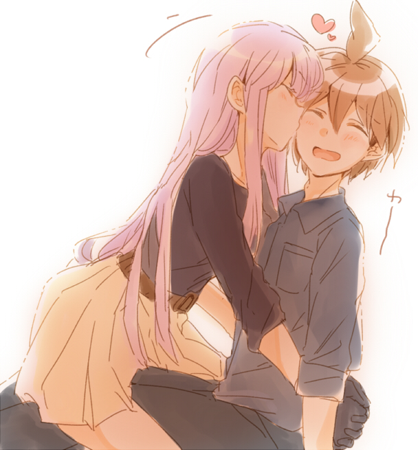 1boy, 1girl, blush, cheek_kiss, closed_eyes, couple, dangan_ronpa, dangan_ronpa_1, gloves, hetero, hug, kirigiri_kyouko, kiss, long_hair, naegi_makoto, purple_hair, sitting, sitting_on_lap, sitting_on_person, zawameki