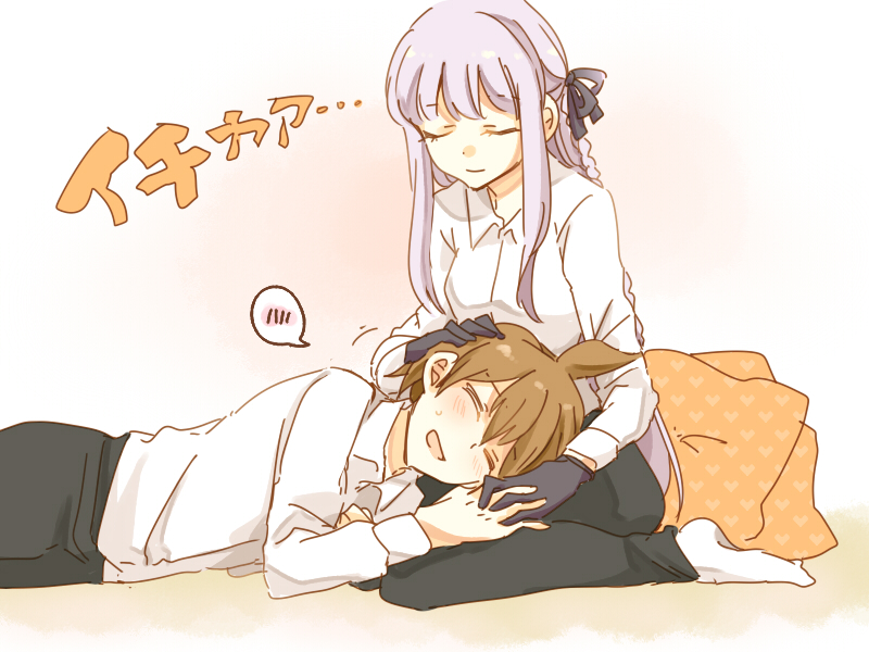 1boy, 1girl, braid, closed_eyes, couple, dangan_ronpa, dangan_ronpa_1, gloves