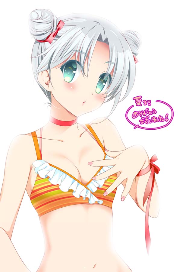 1girl, :o, archbishop, bare_shoulders, bikini, bikini_top, blush, bow