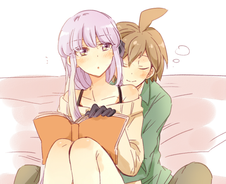 1boy, 1girl, blush, couple, dangan_ronpa, dangan_ronpa_1, gloves, hair_ribbon