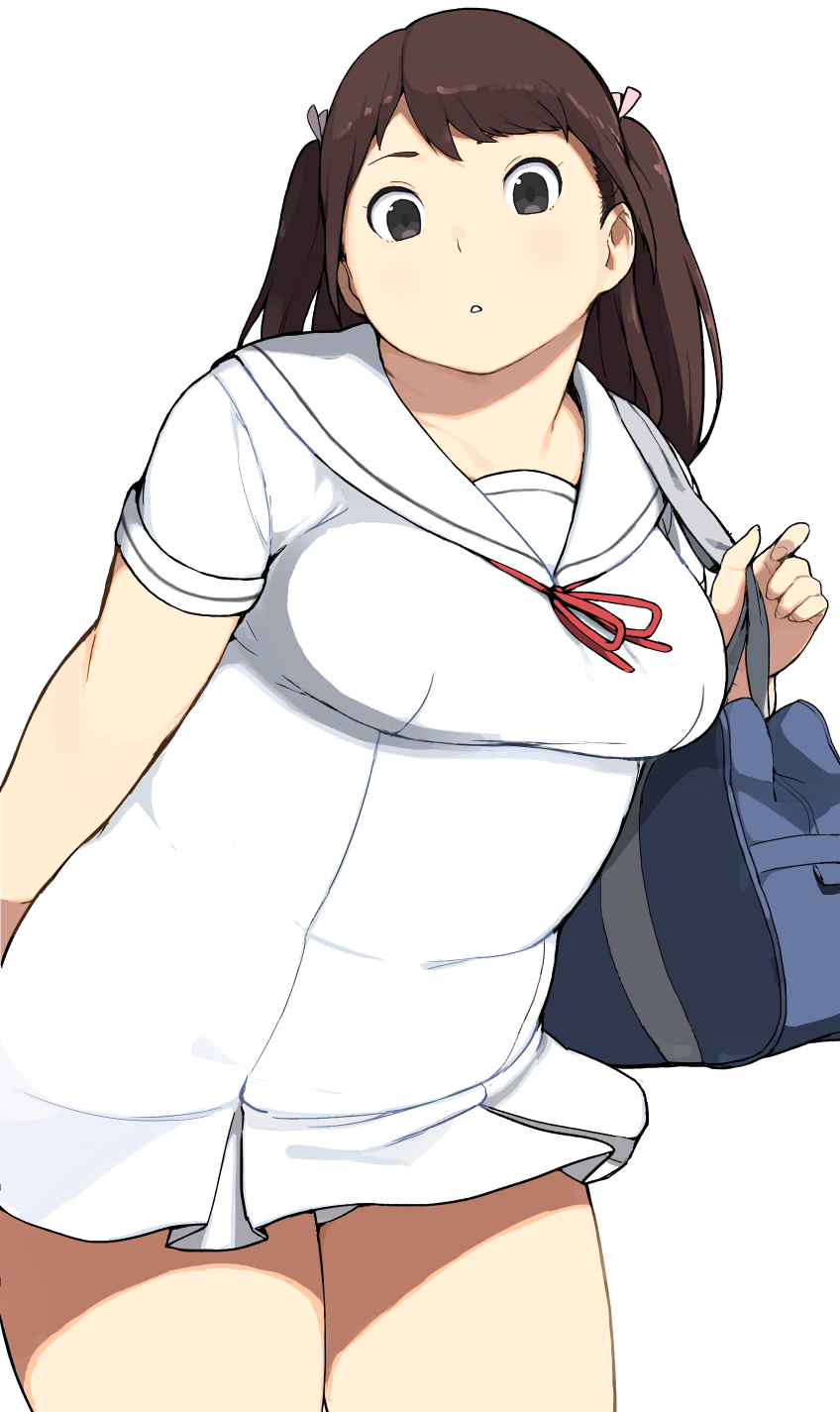 1girl, accho_(macchonburike), bag, breasts, brown_hair, cowboy_shot, dress, duffel_bag, grey_eyes, highres, long_hair, looking_at_viewer, medium_breasts, original, plump, school_bag, school_uniform, serafuku, short_dress, solo, tanuma-chan, tanuma_miyuki, thighs, two_side_up, white_dress