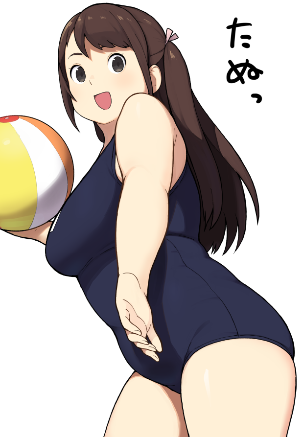 1girl, accho_(macchonburike), ball, beachball, blue_swimsuit, blush, breasts, cowboy_shot, grey_eyes, hair_ribbon, medium_breasts, one-piece_swimsuit, open_mouth, original, plump, ribbon, school_swimsuit, smile, solo, swimsuit, tanuma-chan, tanuma_miyuki, two_side_up