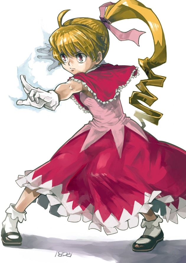 1girl, artist_name, bangs, biscuit_krueger, black_shoes, blonde_hair, bobby_socks, dress, drill_hair, fighting_stance, frilled_shawl, frills, gloves, hair_ribbon, hunter_x_hunter, long_hair, mary_janes, pink_dress, pink_eyes, pink_ribbon, ponytail, recube, ribbon, shadow, shawl, shoes, simple_background, socks, solo, standing, white_background, white_gloves