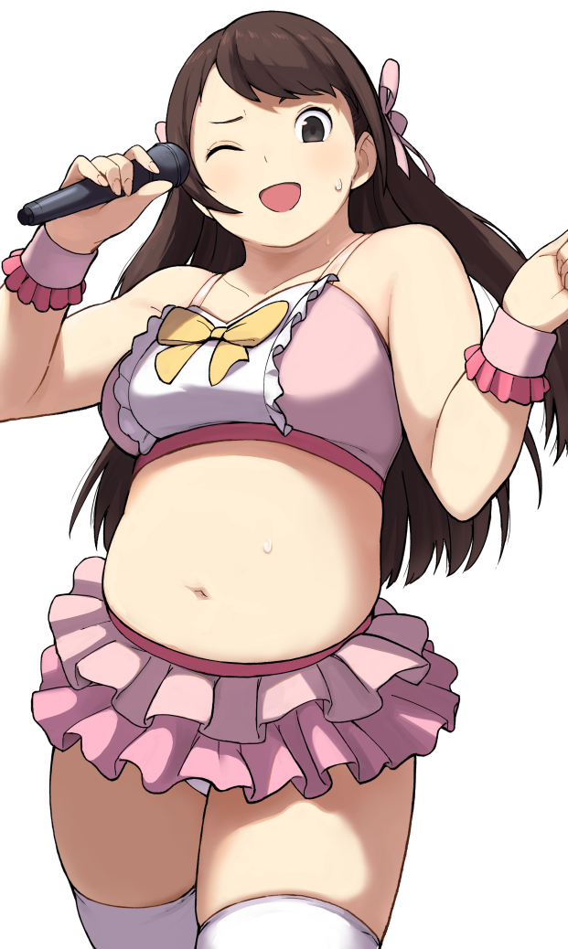 1girl, ;d, accho_(macchonburike), blush, breasts, brown_eyes, brown_hair, frilled_skirt