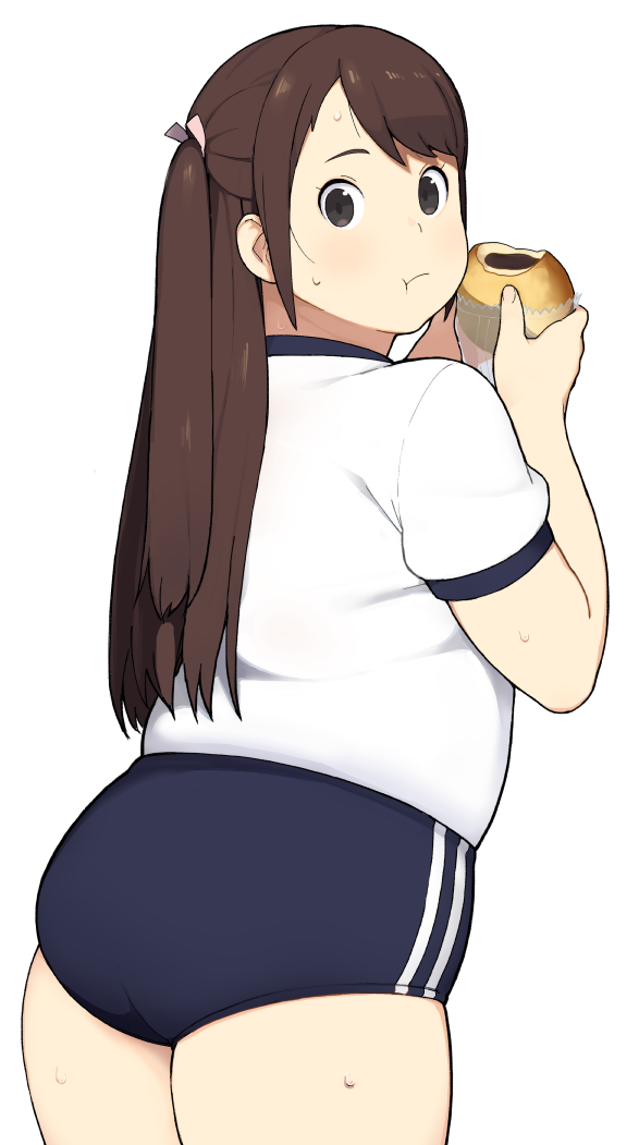 1girl, :t, accho_(macchonburike), blush, bread, buruma, eating, food
