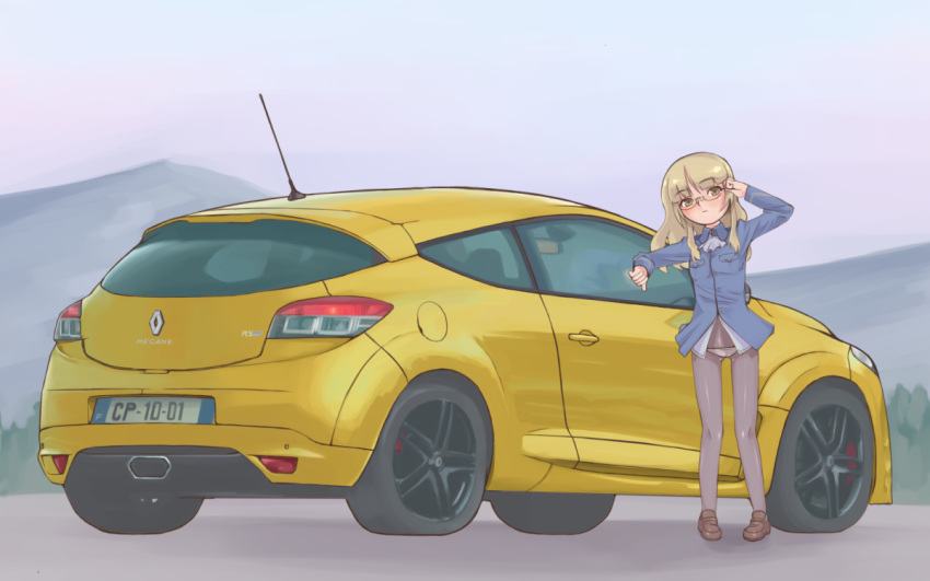 1girl, blush, eyebrows, eyebrows_visible_through_hair, glasses, license_plate, long_hair, panties