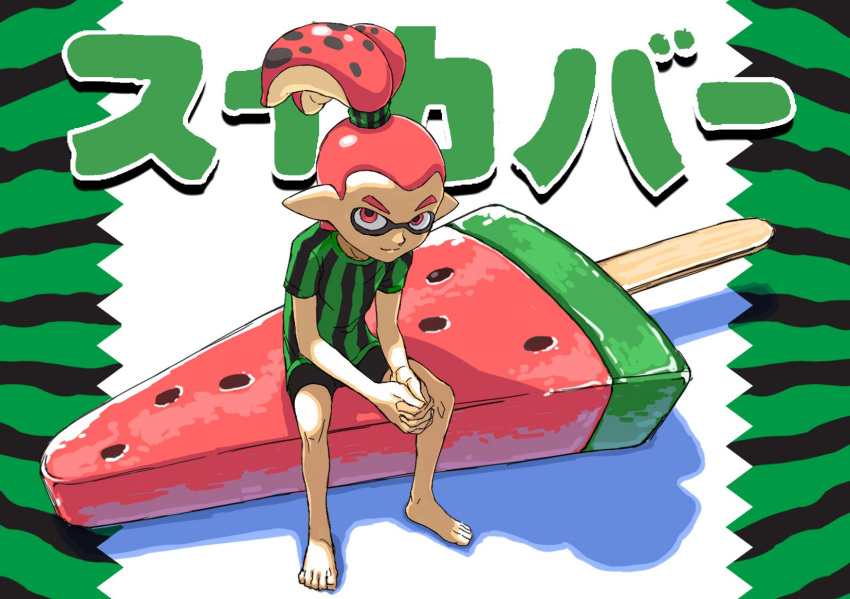 1boy, barefoot, domino_mask, food, fruit, hands_clasped, high_ponytail, highres