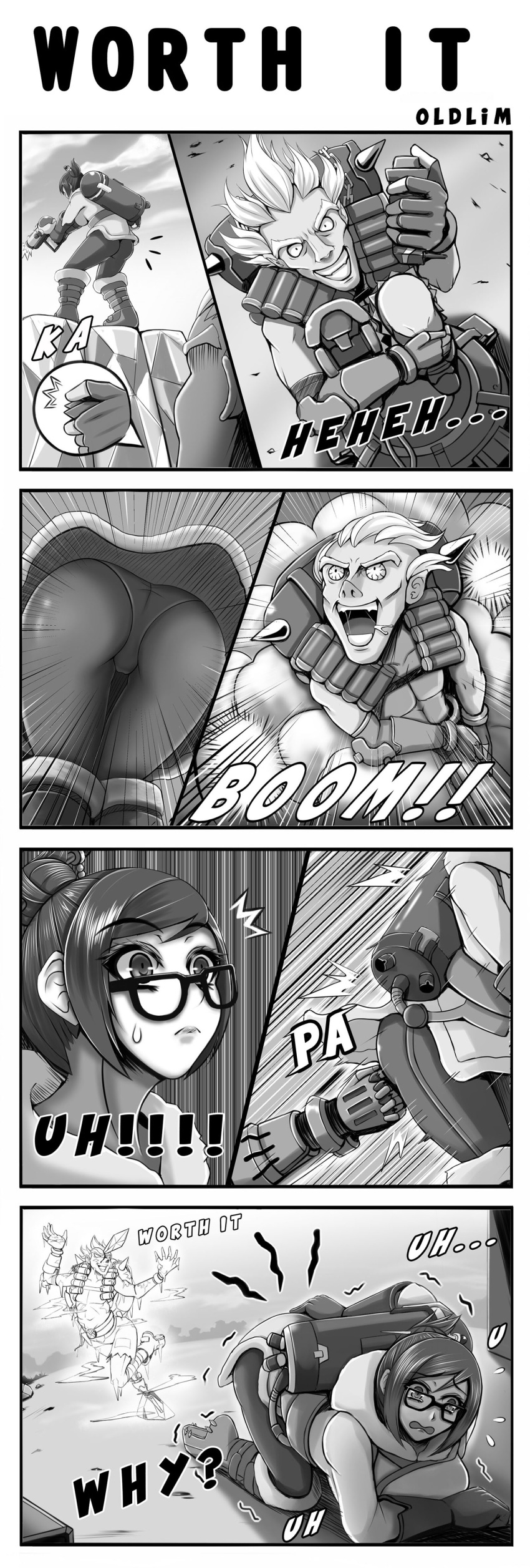 /\/\/\, 1boy, 1girl, absurdres, all_fours, artist_name, ass_grab, bangs, black-framed_eyewear, bloodshot_eyes, clenched_teeth, coat, comic, crooked_glasses, crying, english, explosion, explosive, from_above, frozen, fur_trim, glasses, gloves, grabbing_own_ass, greyscale, grin, hair_bun, hair_ornament, hair_stick, highres, ice, junkrat_(overwatch), kanchou, looking_up, mechanical_arm, mei_(overwatch), mine_(weapon), monochrome, motion_lines, oldlim, open_mouth, overwatch, pain, panties, pantyshot, saliva, short_hair, sidelocks, smile, spikes, surprised, teeth, text, trembling, underwear, weapon