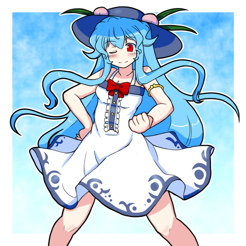 1girl, ;), adapted_costume, blue_hair, blush, breasts, dress, eruru_(erl)