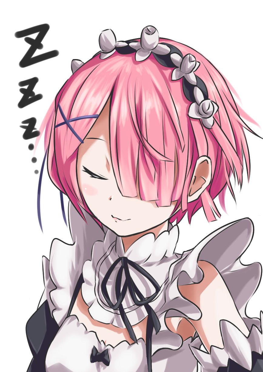 1girl, apron, black_bow, black_ribbon, blush, bow, breasts, cleavage