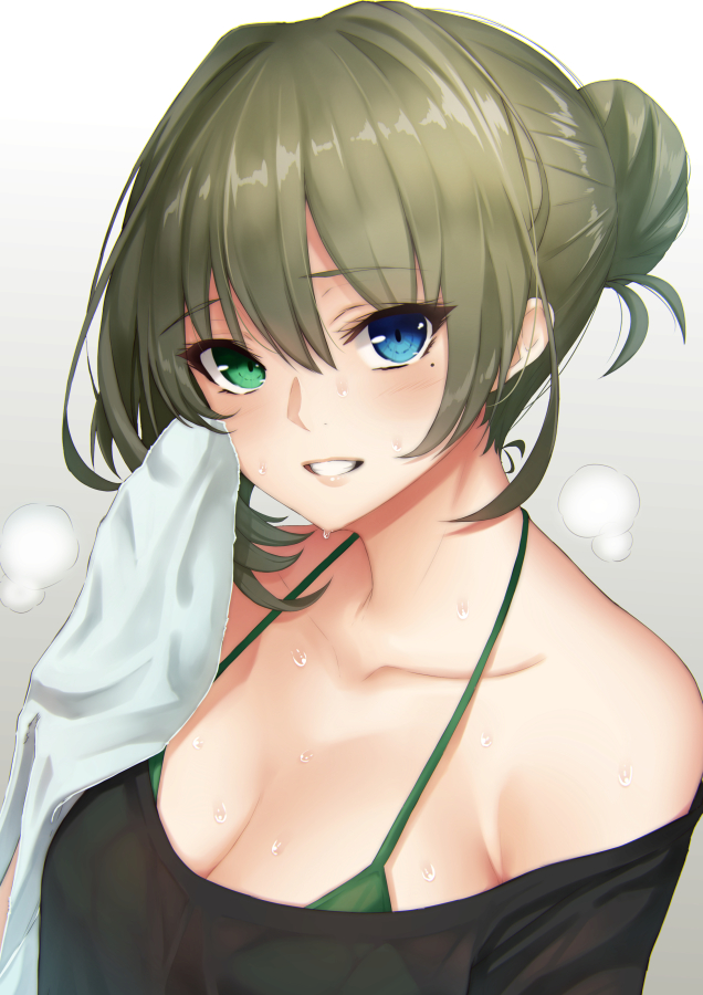 1girl, blue_eyes, blush, bokokichi_(you), bra, breasts, brown_hair, cleavage, green_eyes, hair_bun, heterochromia, hot, idolmaster, idolmaster_cinderella_girls, looking_at_viewer, mole, mole_under_eye, short_hair, smile, solo, sweat, sweating, takagaki_kaede, towel, underwear, wiping_sweat