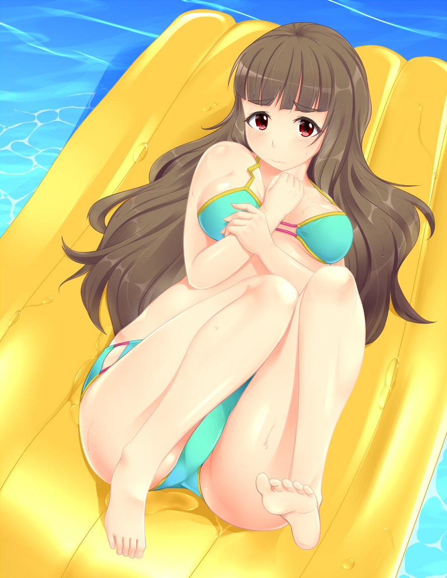 1girl, barefoot, bikini, blush, breasts, brown_hair, eyebrows, flotation_aid