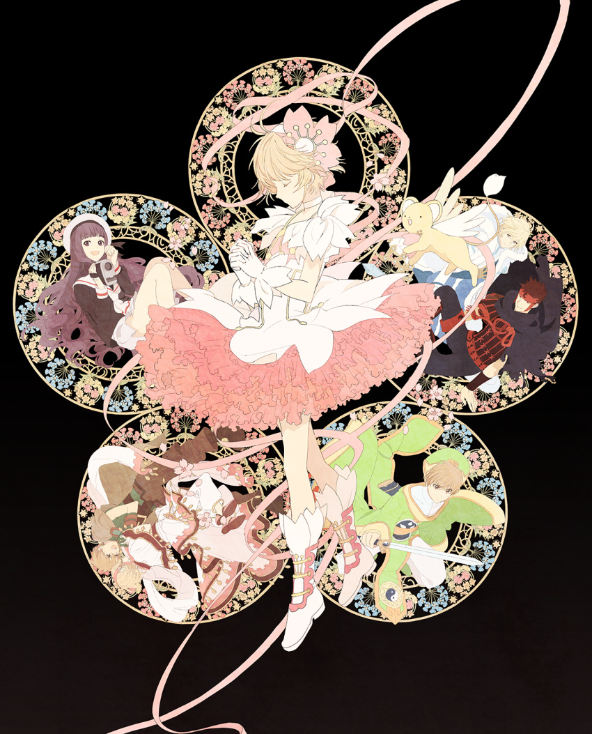 3girls, 4boys, black_background, boots, camcorder, card_captor_sakura, cherry_blossoms, circle