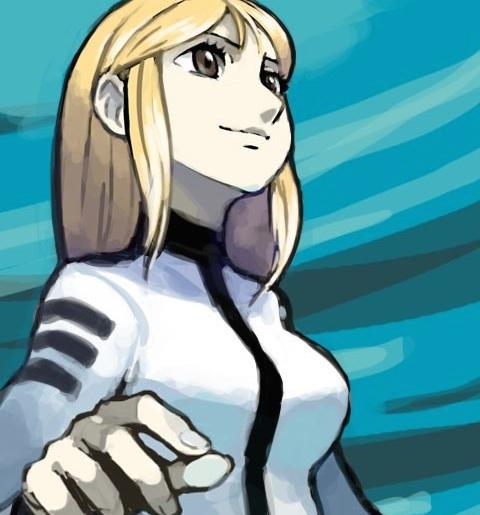 1girl, blonde_hair, blue_background, brown_eyes, long_hair, long_sleeves, looking_up, orihara_maho, rebirth_yamato, sidelocks, smile, solo, sugimori_ken, uchuu_senkan_yamato, upper_body