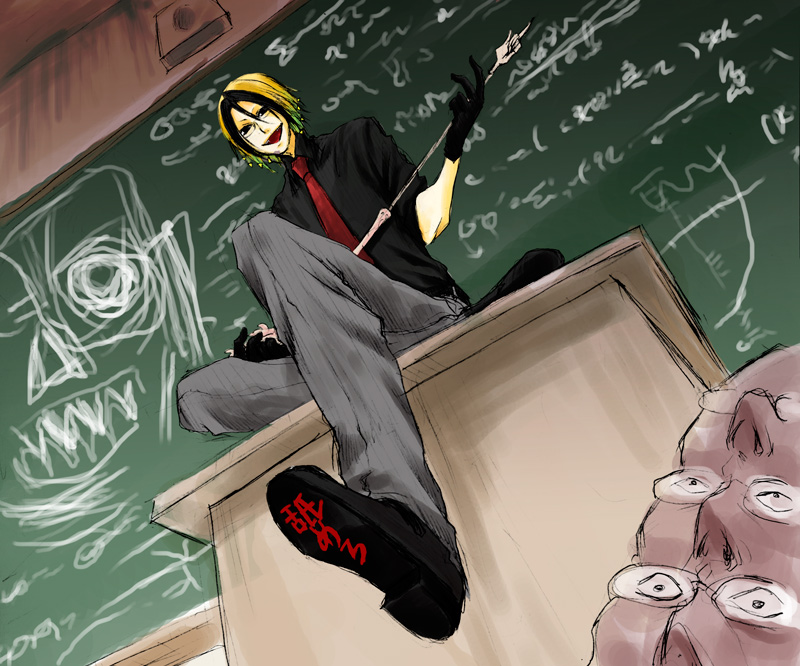 1boy, blonde_hair, blue_eyes, chalkboard, glasses, gloves, magiro_(lobin), majin_tantei_nougami_neuro, male_focus, multicolored_hair, necktie, nougami_neuro, short_hair, teacher, two-tone_hair