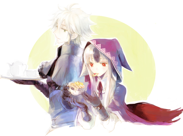 1boy, 1girl, animal_ears, biscuit, black_hair, cup, deere_(fire_emblem_if), eating