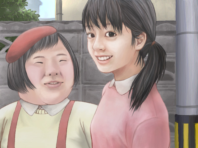 2girls, beret, black_eyes, black_hair, breasts, closed_eyes, doraemon, fat