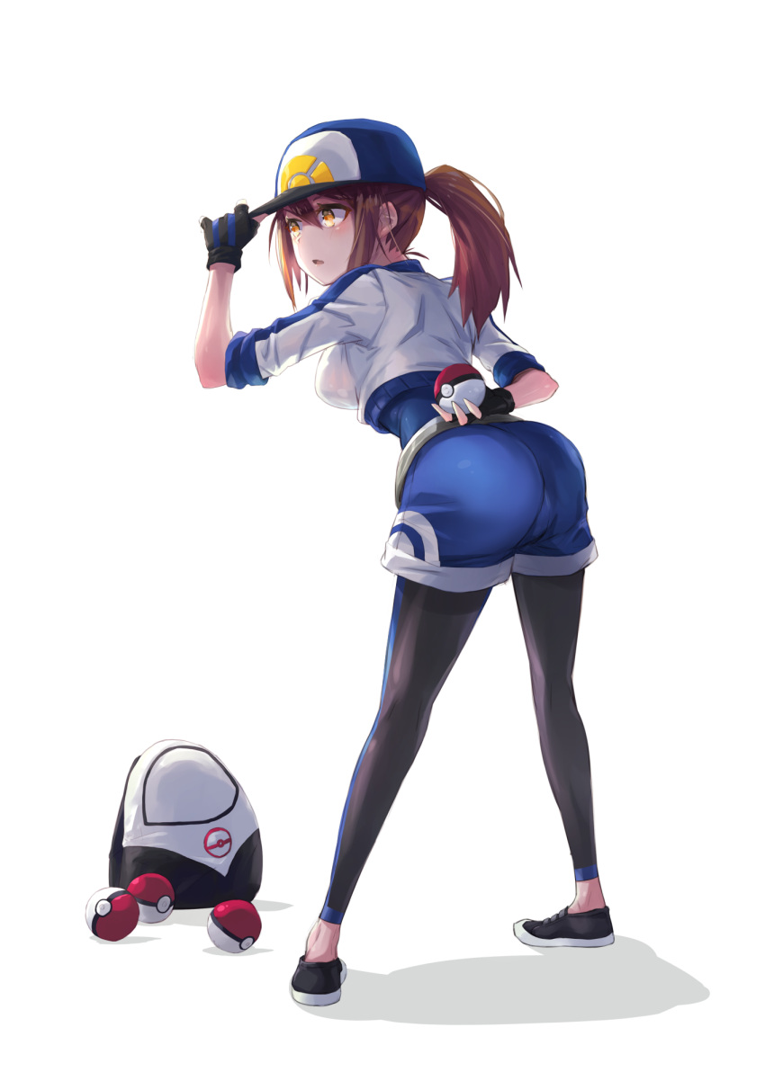 10s, 1girl, adjusting_clothes, adjusting_hat, arm_behind_back, ass, backpack, backpack_removed