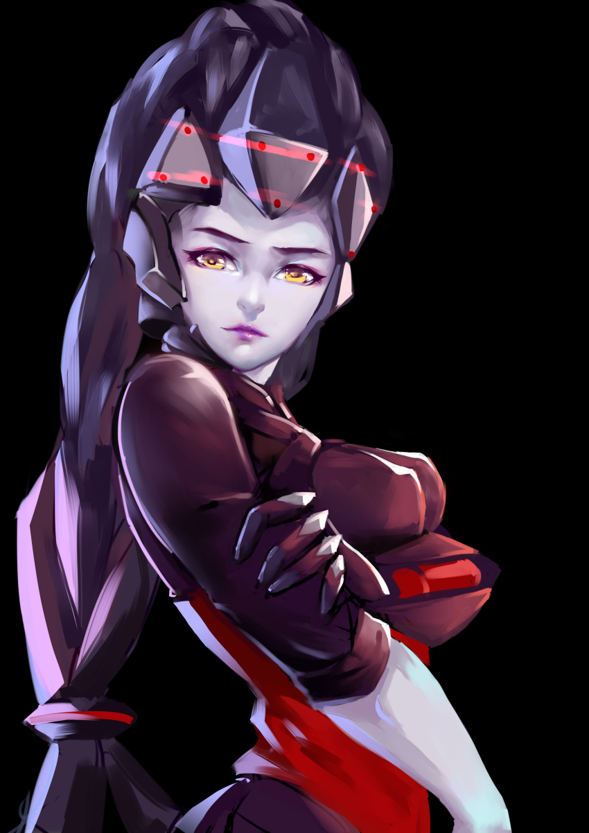 1girl, absurdres, alternate_costume, alternate_hairstyle, amy_(lingll), black_background, bodysuit, breast_hold, breast_rest, breasts, closed_mouth, cowboy_shot, erect_nipples, eyeliner, gauntlets, hair_ornament, hairlocs, head_mounted_display, high_collar, highres, holding_shoulder, lips, lipstick, long_hair, low-tied_long_hair, makeup, mascara, medium_breasts, noire_widowmaker, overwatch, ponytail, purple_lips, purple_lipstick, purple_skin, ribbed_bodysuit, simple_background, sleeves_past_elbows, sleeves_rolled_up, solo, string, tied_hair, turtleneck, widowmaker_(overwatch), yellow_eyes