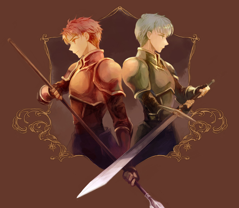 2boys, alen, alen_(fire_emblem), armor, back-to-back, brown_background, fingerless_gloves, fire_emblem