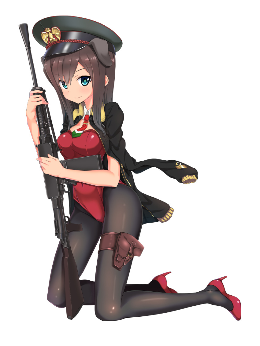 1girl, a9b_(louis814), absurdres, animal_ears, blue_eyes, breda_30, brown_hair, dog_ears, federica_n_doglio, gun, hat, high_heels, highres, holster, italian_flag, italy, jacket_on_shoulders, kneeling, long_hair, looking_at_viewer, pantyhose, short_necktie, solo, strike_witches, weapon, world_witches_series