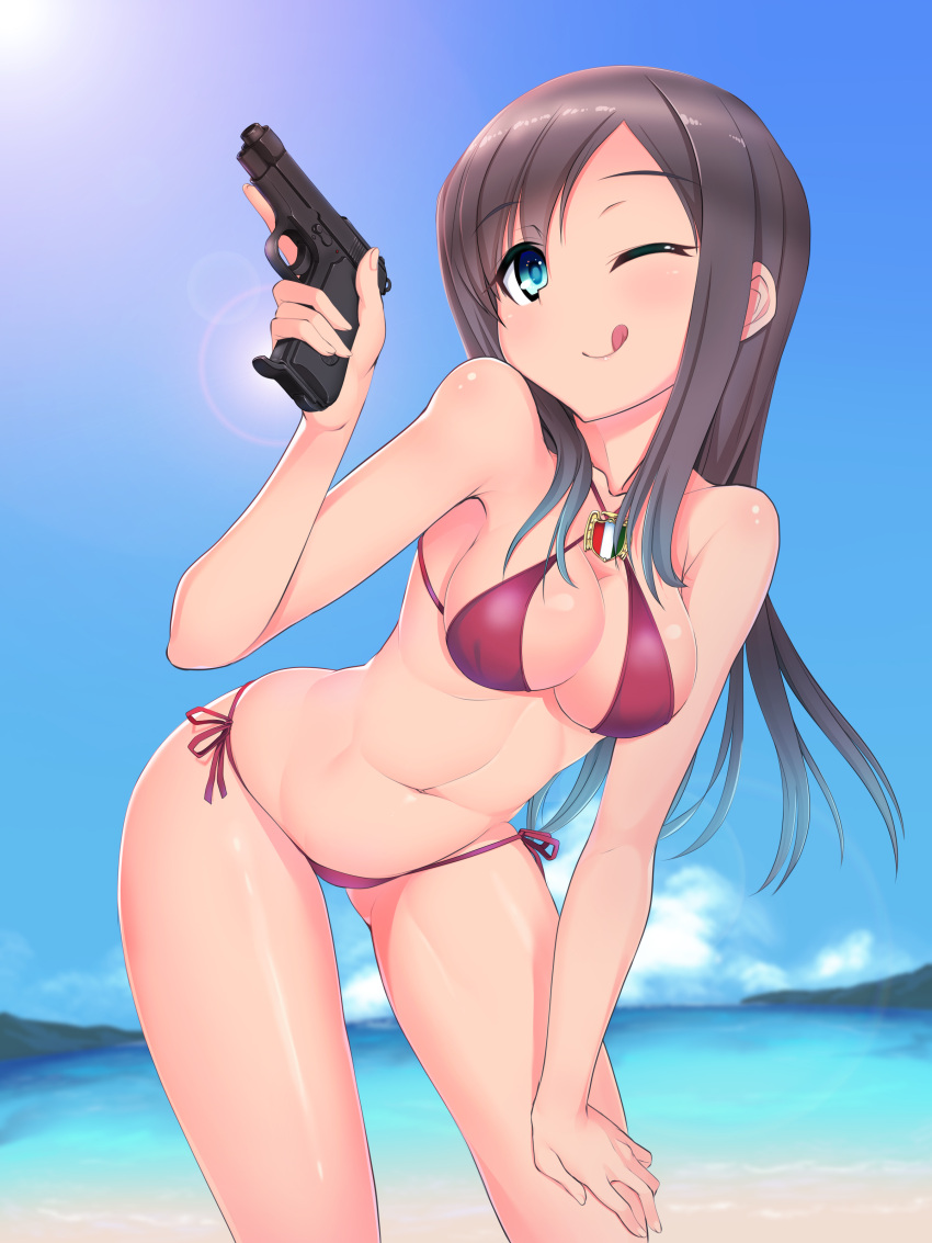 1girl, :q, ;q, a9b_(louis814), absurdres, bikini, blue_eyes, breasts