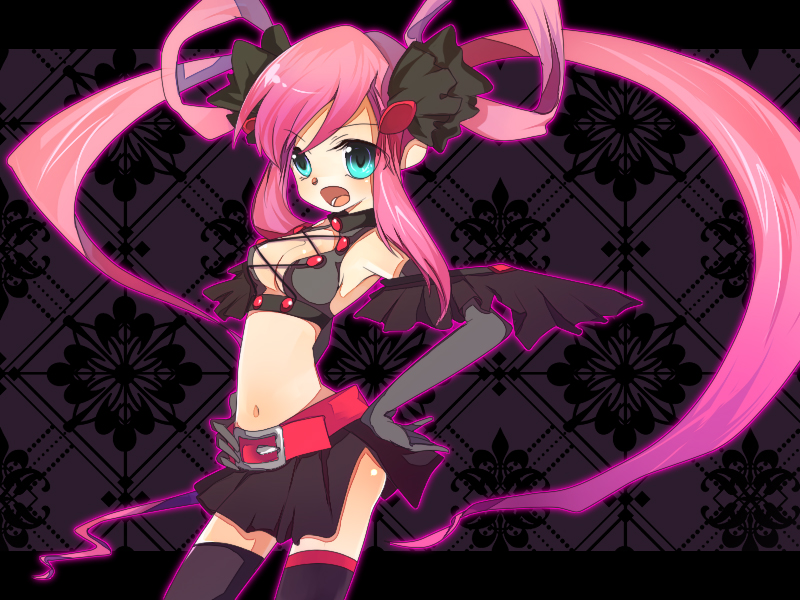 belt, blue_eyes, breasts, gloves, long_hair, navel, pink_hair, skirt