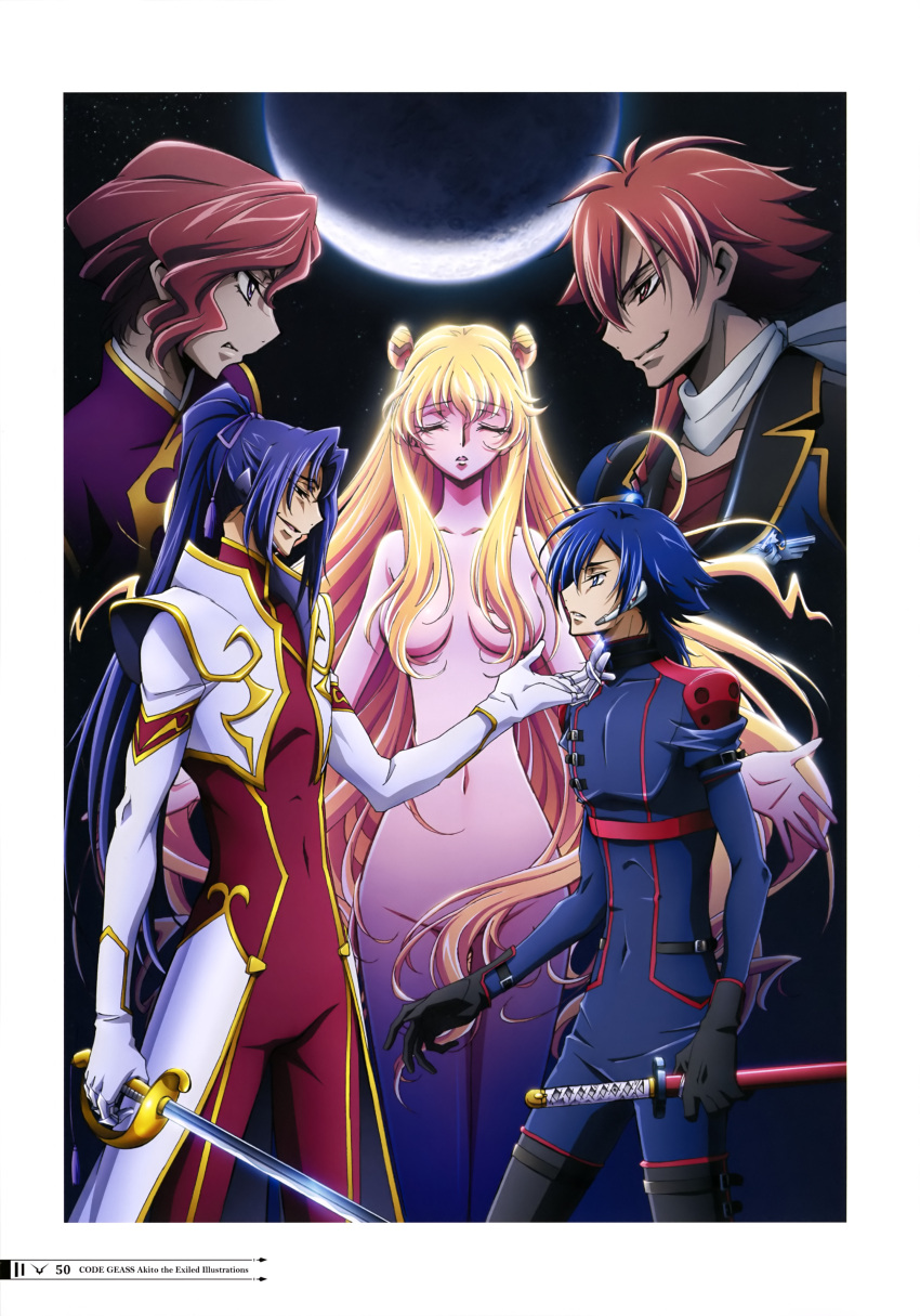 2girls, 3boys, absurdres, ashley_ashura, blonde_hair, blue_hair, bodysuit, brown_eyes