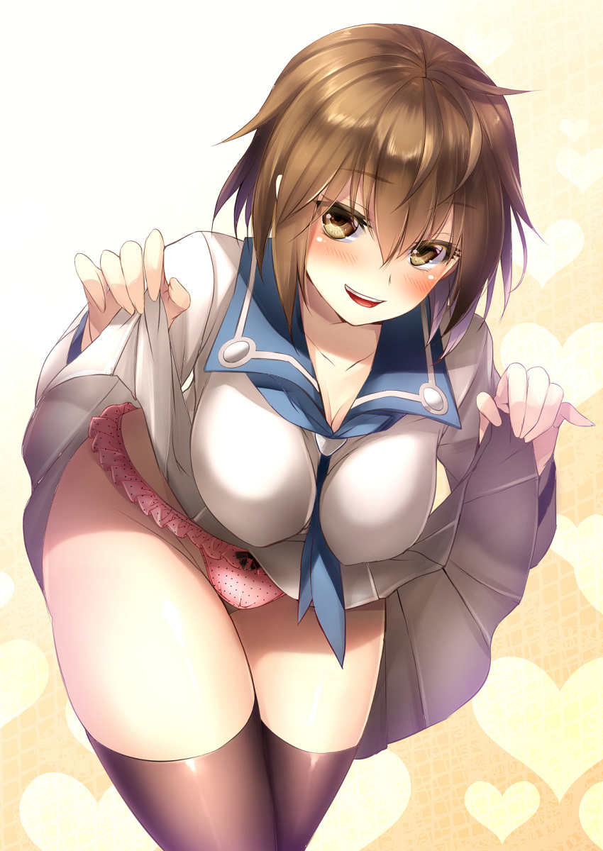 1girl, :d, black_legwear, blush, breasts, brown_eyes, brown_hair, cleavage