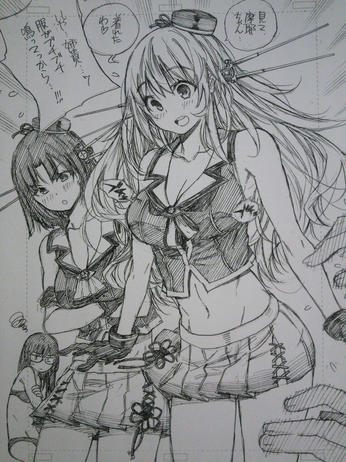 >:o, 3girls, :d, :o, alternate_costume, alternate_headwear, annoyed, armpits