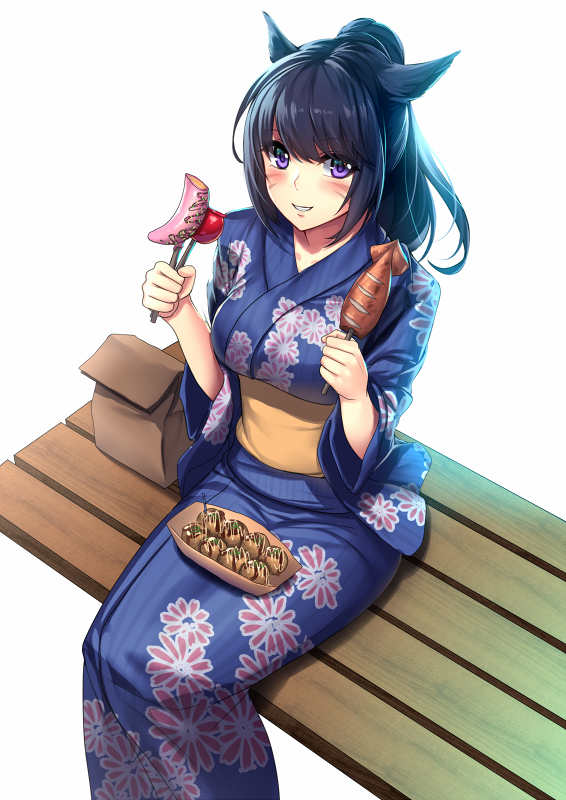 1girl, animal_ears, aruma_jiki, bag, bangs, bench, black_hair, blue_kimono