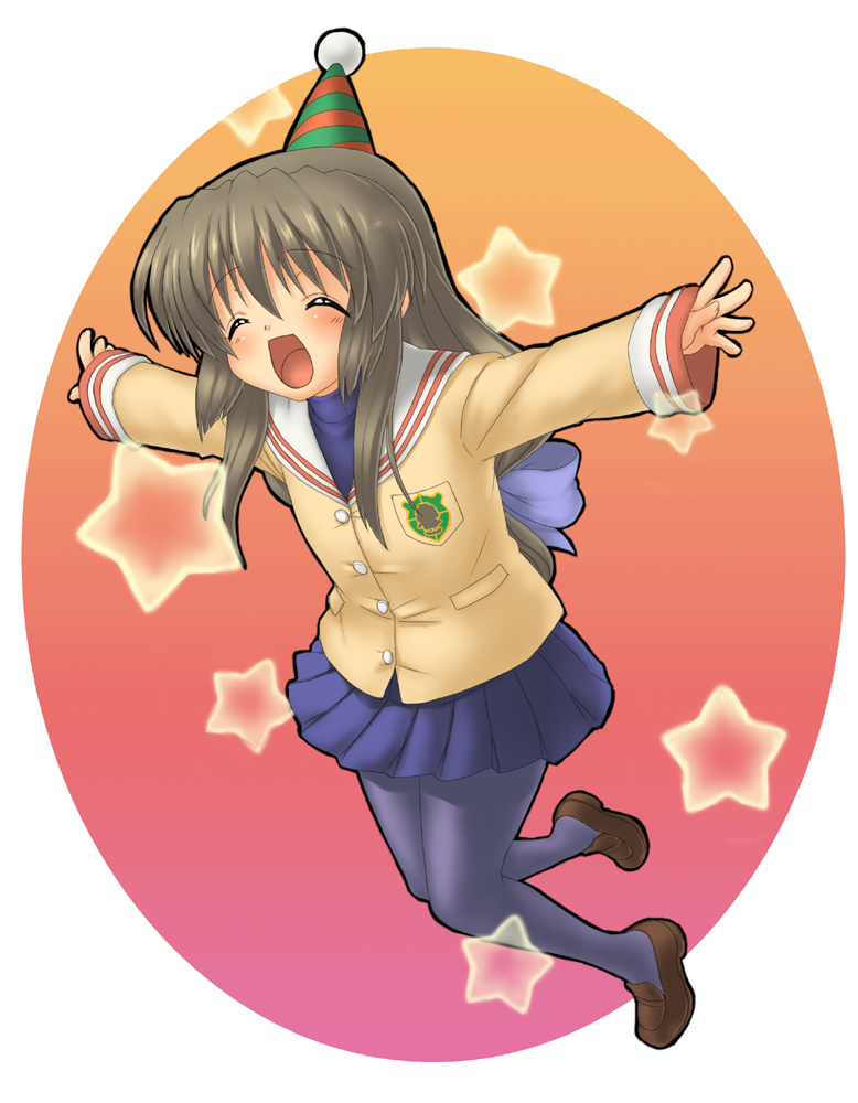 clannad, closed_eyes, happy_state, hat, ibuki_fuuko, long_hair, pantyhose, party_hat