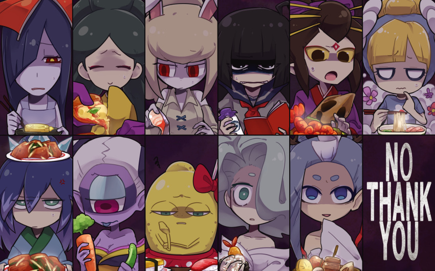 6+girls, ameonna_(youkai_watch), anger_vein, animal_ears, bangs, bare_shoulders, black_eyes, black_hair