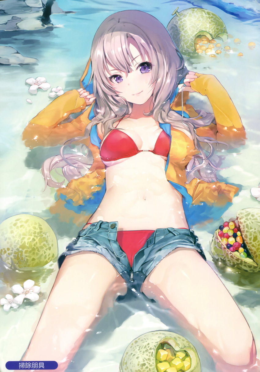 1girl, absurdres, bikini, breasts, day, denim, denim_shorts, flower