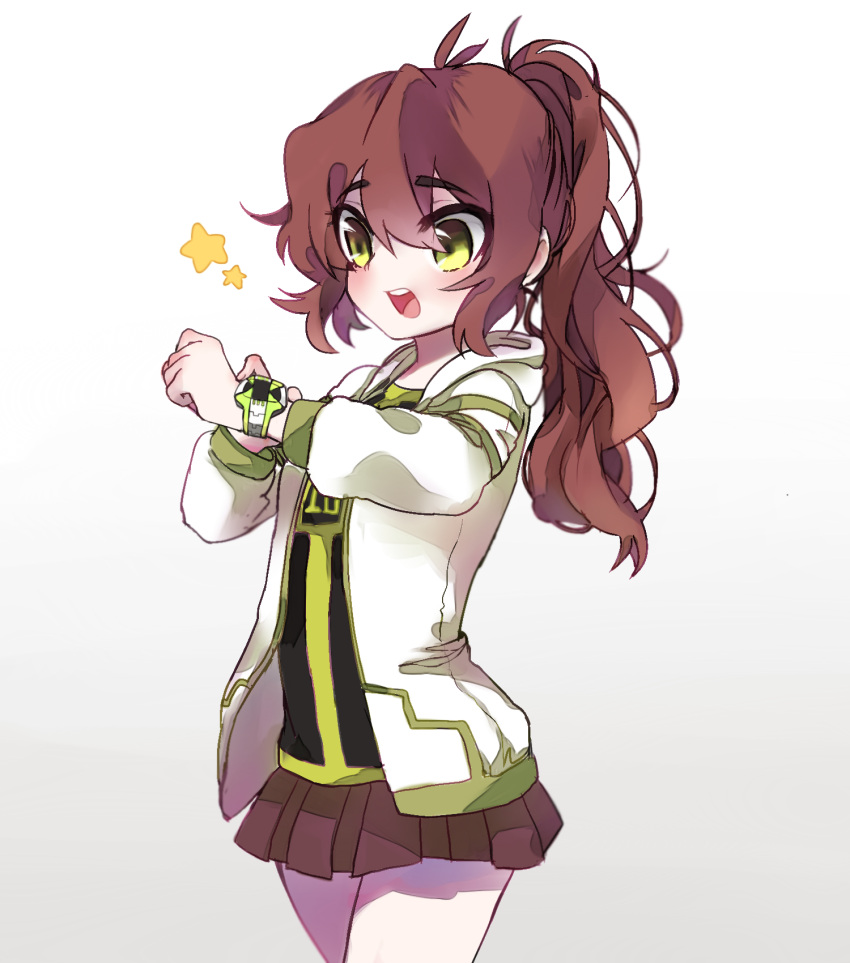 1girl, ben_10, ben_10:_omniverse, benjamin_kirby_tennyson, blush, brown_hair, cartoon_network, cropped_legs, flat_chest, genderswap, genderswap_(mtf), green_eyes, highres, hood, hooded_jacket, jacket, kiri_itoguchi, omnitrix, ponytail, shoes, skirt, smile, solo, standing