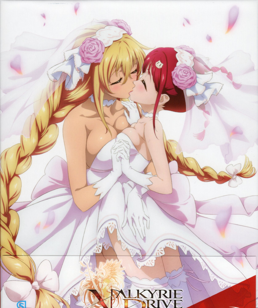 2girls, blonde_hair, breasts, bridal_veil, cleavage, closed_eyes, dress, hand_holding