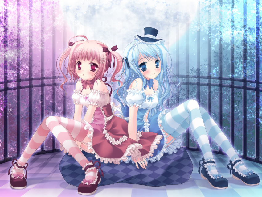 akane_(allegro_mistic), blue_hair, checkerboard, checkered, garter_belt, hair_ribbon, hair_ribbons, hat