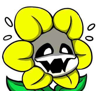 black_sclera, chibi, evil_smile, fangs, flower, flowey_(undertale), flying_sweatdrops, grin