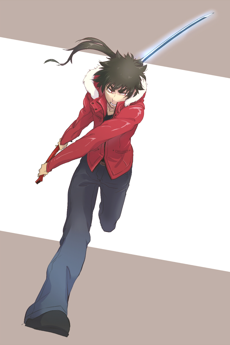 1boy, black_hair, highres, jacket, kuromukuro, male_focus, ouma_kennosuke_tokisada, ponytail, red_eyes, saku_teru, solo, sword, weapon