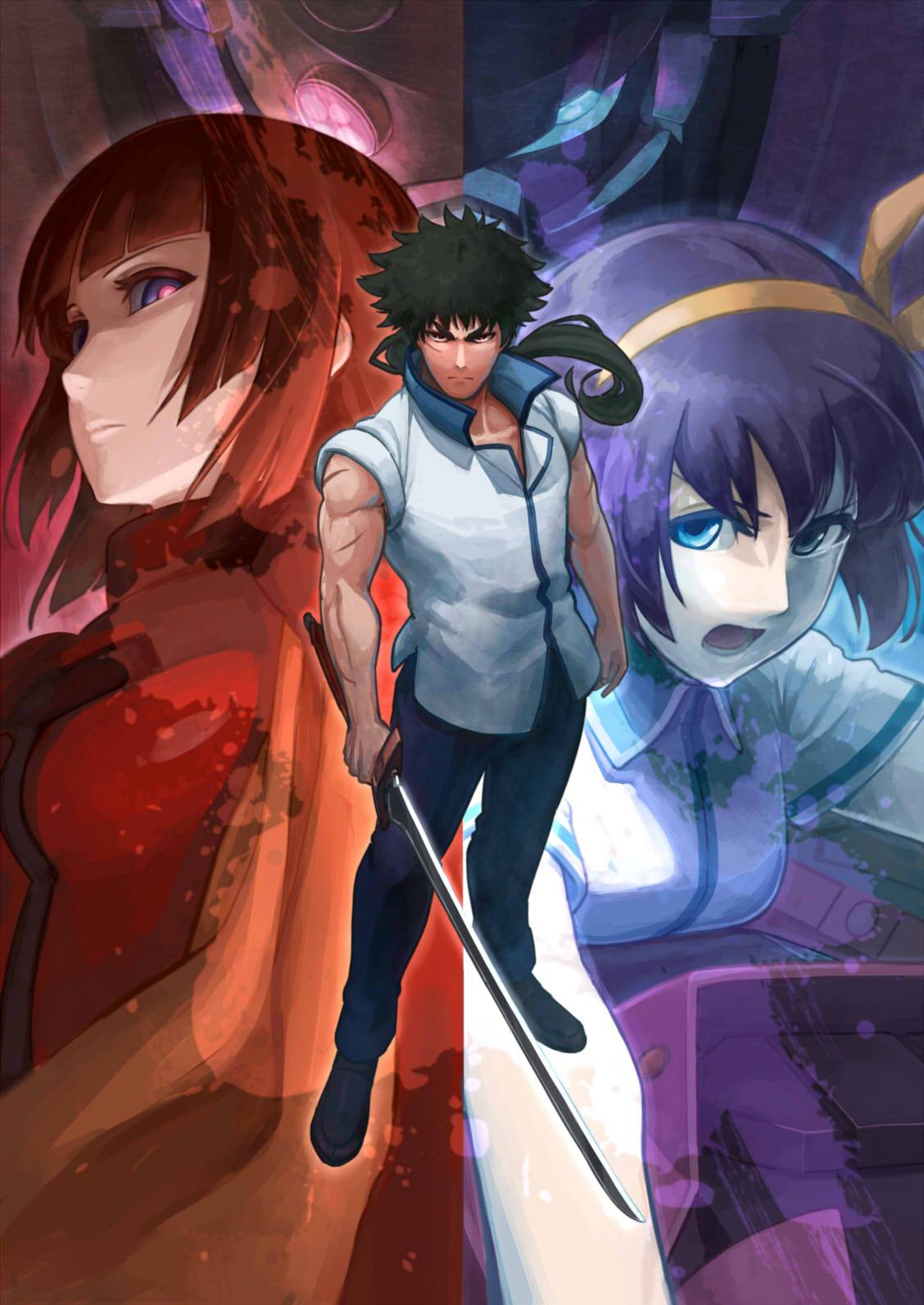 1boy, 2girls, black_hair, blue_eyes, hairband, highres, kuromukuro, mecha