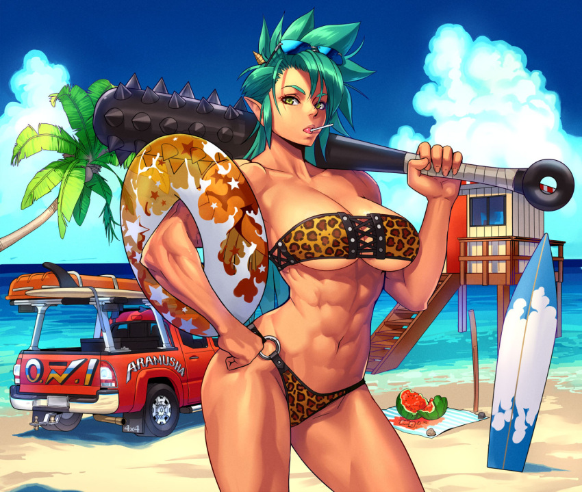 1girl, abs, bandeau, beach, bikini, breasts, candy, clouds, club, female, food, fruit, glasses, green_eyes, green_hair, ground_vehicle, hand_on_hip, innertube, kanabou, kanabō, large_breasts, leopard_print, lollipop, matching_hair/eyes, monster_girl, motor_vehicle, muscle, navel, ogami, oni, oni_horns, original, palm_tree, pointy_ears, short_hair, sky, solo, sunglasses, surfboard, swimsuit, sword, tree, truck, watermelon, weapon, wooden_sword
