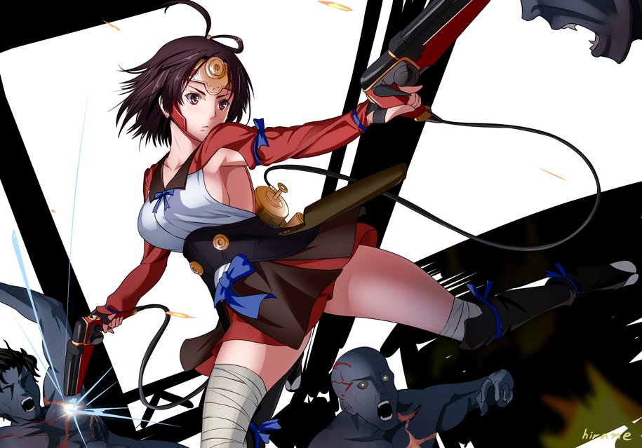 >:(, 1girl, 3boys, ahoge, arm_garter, armpits, bandage, bangs