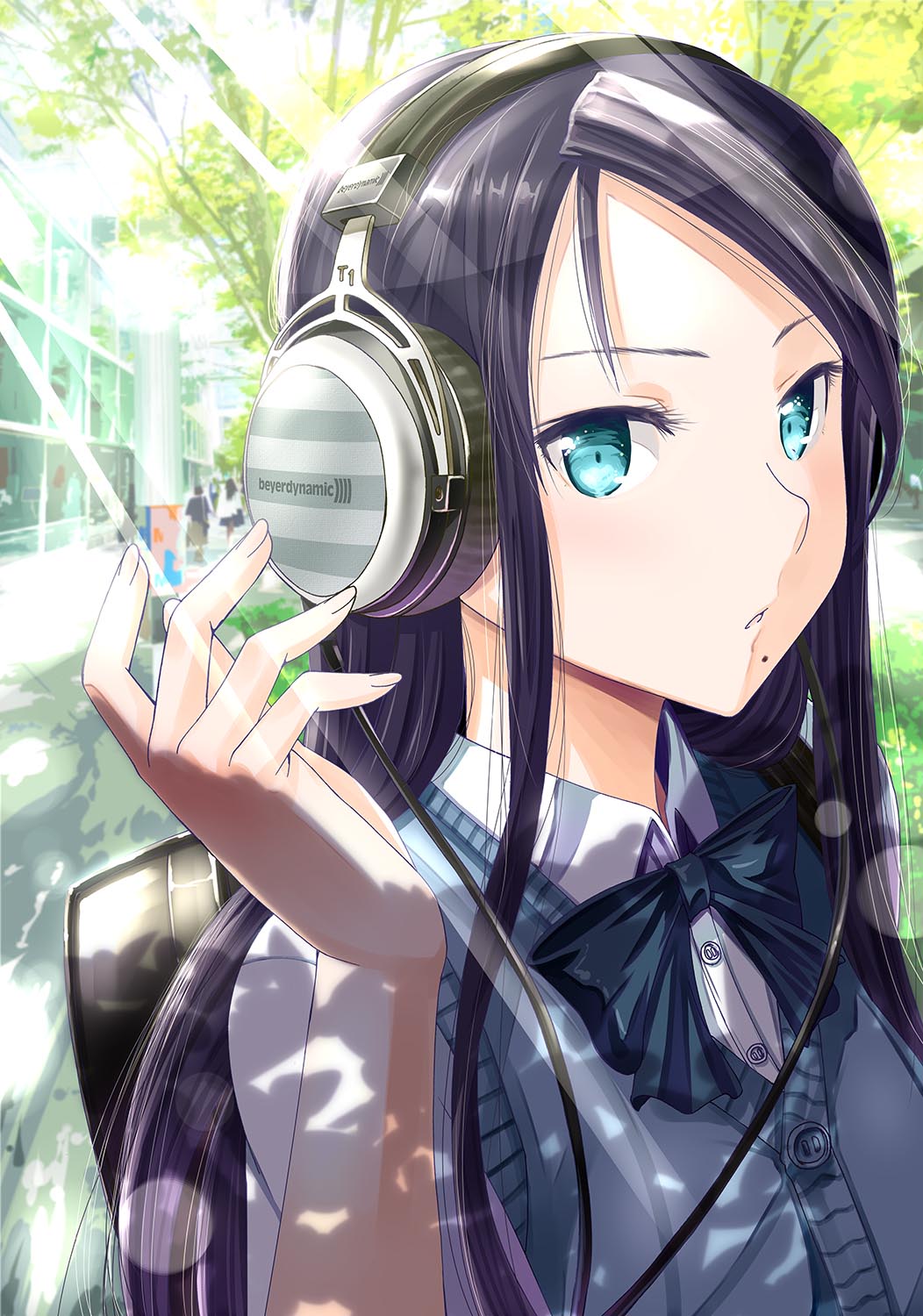 1girl, beyerdynamic, black_hair, blue_eyes, headphones, highres, long_hair, mole