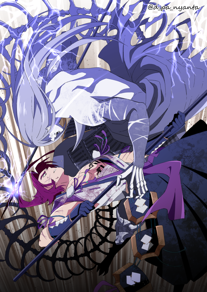 2boys, constricted_pupils, electricity, enemy_yari, gloves, grey_hair, hakama, historical_revisionist