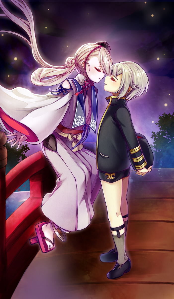 2boys, bridge, chin_strap, closed_eyes, fireflies, fumuke_aka, garters, geta