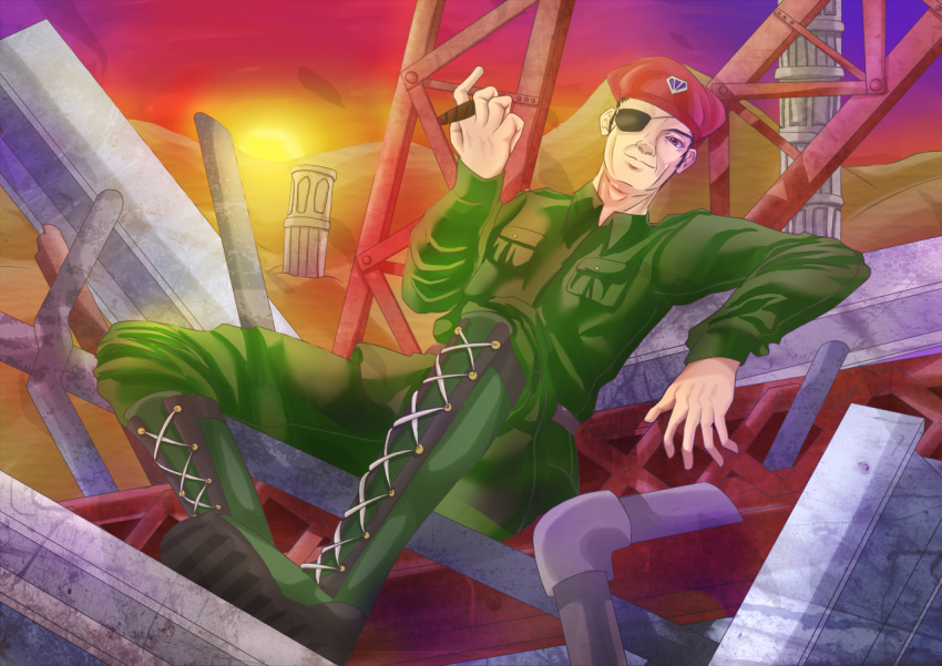 1boy, dilaih, eyepatch, gates_(seihou), hat, militar, seihou, smile