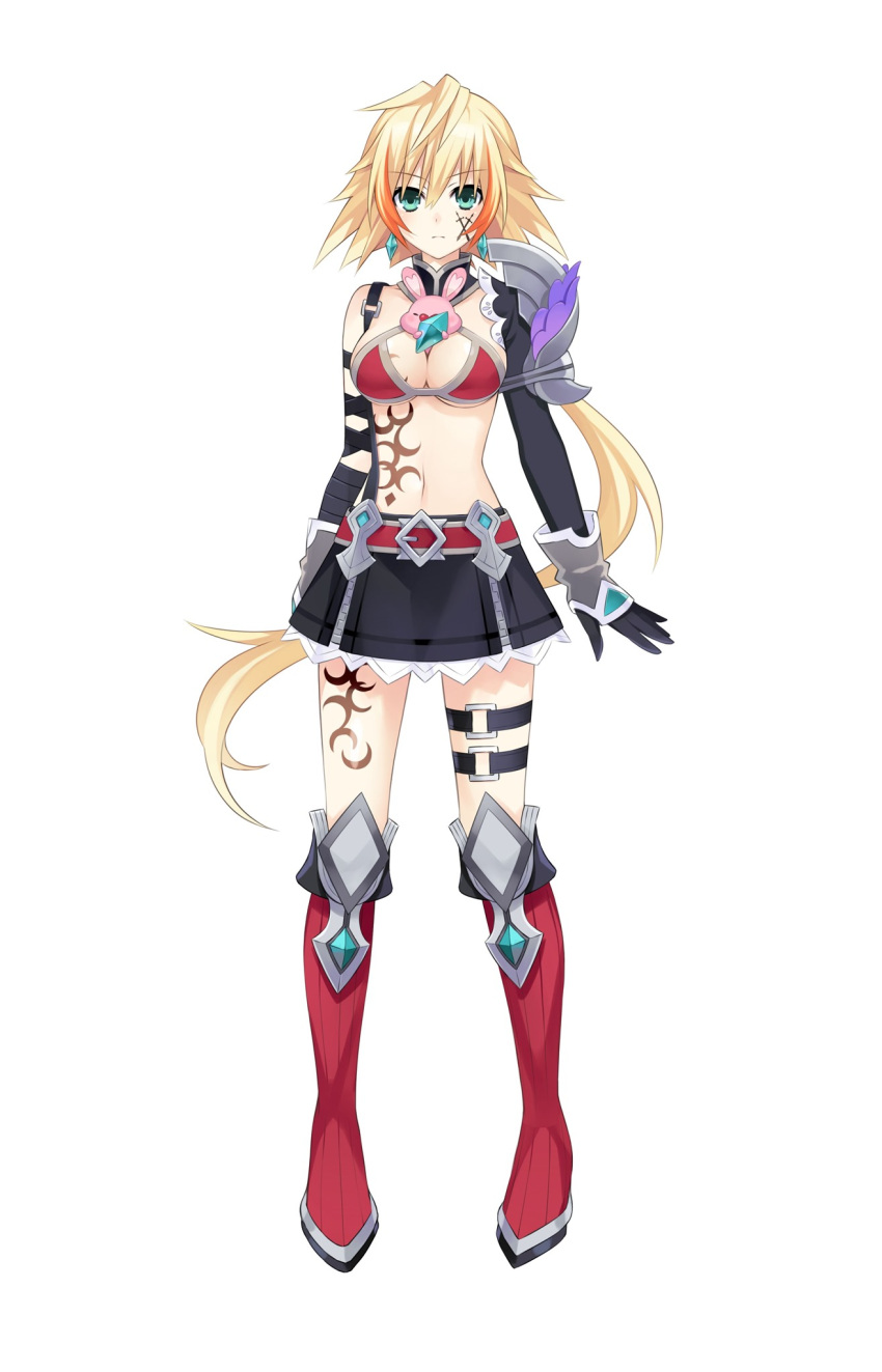 1girl, ain_aru, aqua_eyes, armor, blonde_hair, boots, breasts, chou_megami_shinkou_noire_gekishin_black_heart